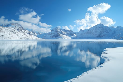 Calm and serene frozen lake reflecting snow capped mountains photo