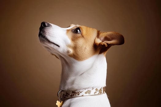 A dog wearing a collar looking up at something photo