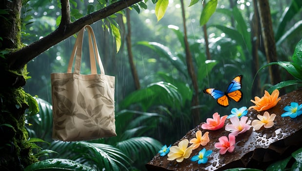 Eco-friendly Tote Bag in Tropical Rainforest with Butterfly and Flowers photo