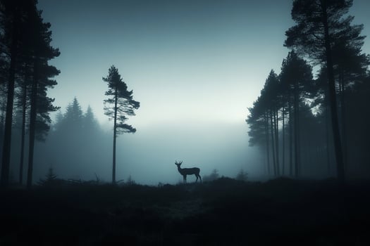 A deer stands in the foggy forest at night photo