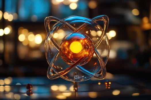 Glass atom structure shining with warm light in the dark photo