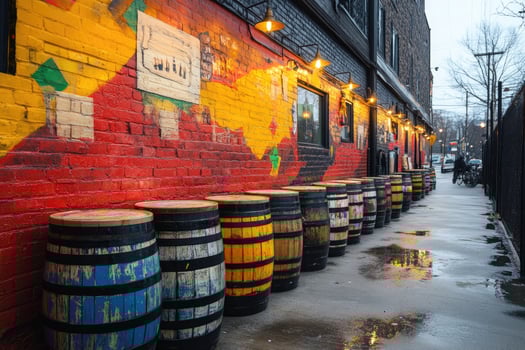 Colorful barrels lining a city sidewalk photo