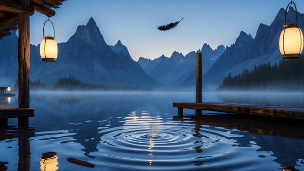 Calm Lake with Mountains and Lanterns Reflecting at Dusk photo