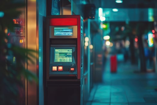 Atm cash machine glowing on city street at night photo