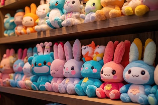 Colorful plush toys sitting on shelves in toy store photo