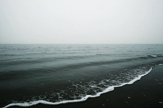 A black and white photo of a beach with waves