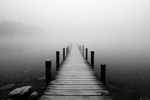 A black and white photo of a dock in the fog