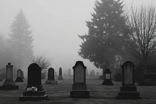 A cemetery with tombstones in the fog photo