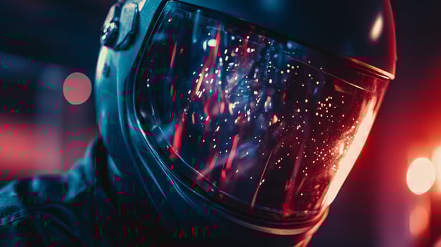 Intricate Close-Up Image of Welding Helmet Showing Vibrant Arc Reflections photo