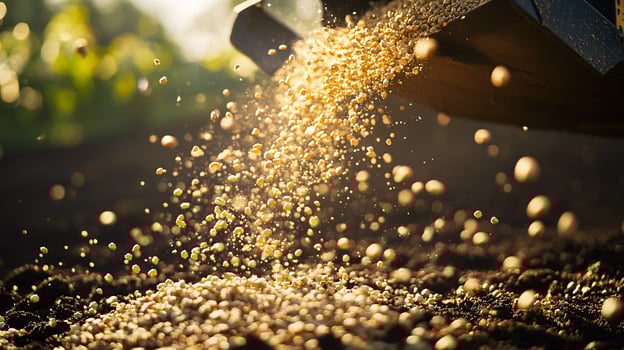 Detailed Macro Shot of Fertilizer Granules Tumbling from a Spreader photo