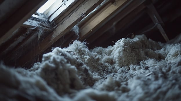 Extreme Close-Up of Old, Sagging Insulation Material in Dimly Lit Attic photo