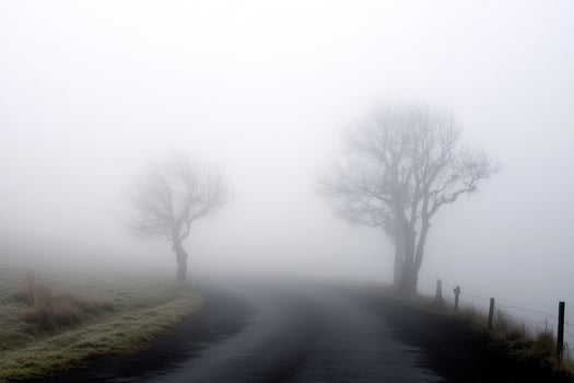Two trees stand on the side of a foggy road photo