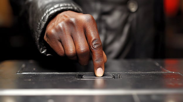 Extreme Close-Up of a Person's Hand Inserting Vote into Ballot Box Slot photo
