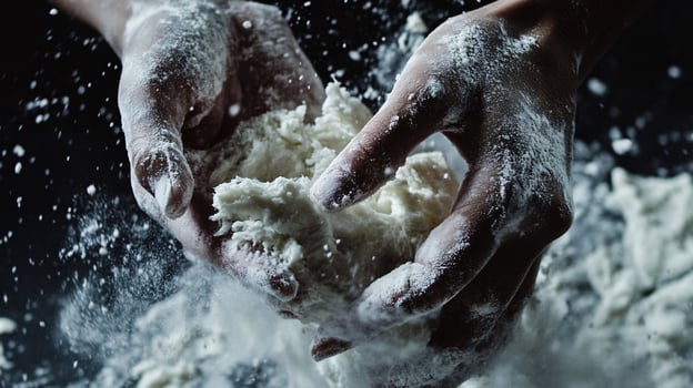 Extreme Close-Up of Artisan Hands Kneading Fresh Dough on Rustic Surface photo