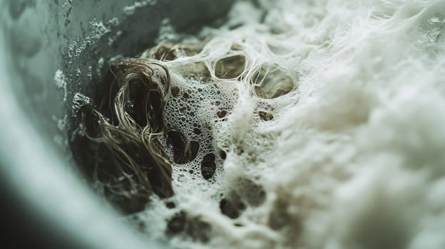 Extreme Close-Up of a Clogged Sink Drain Overflowing with Hair Debris photo