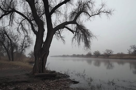 A tree is standing by the water on a foggy day photo