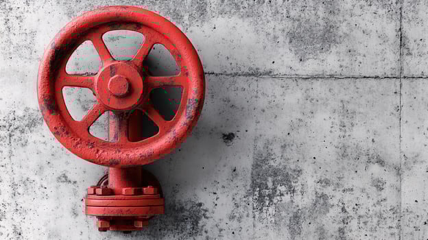 Industrial Red Water Valve Isolated on Plain Concrete Wall photo