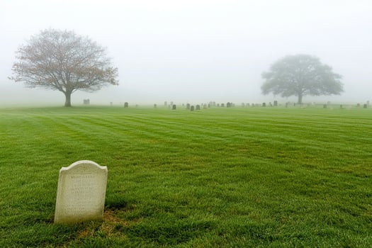 A cemetery with a tombstone in the middle of a field photo