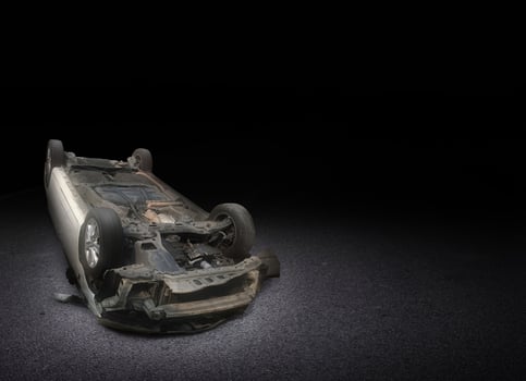 Car damaged after crashing and overturning on the road at night. Car accident. photo