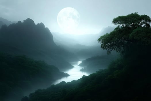 A river runs through a forest with a moon in the sky photo