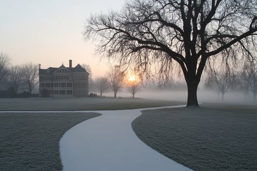 A path leads to a large house in the fog photo