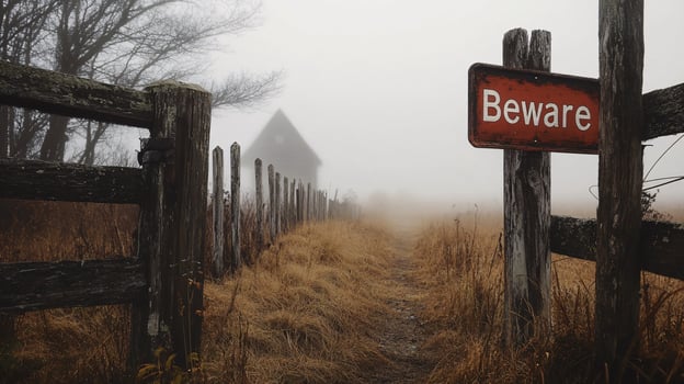 Mysterious Atmosphere of an Old Fence with Warning Sign photo