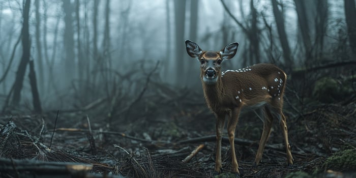 Graceful deer standing in a serene winter forest filled with mist photo