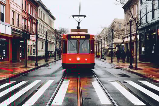 A red trolley car on a city street photo
