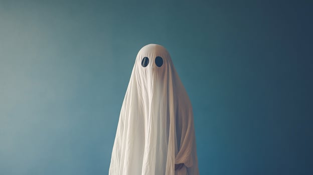 Young Boy Playfully Embracing Halloween in a White Sheet Ghost Outfit photo
