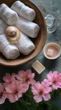 Spa day relaxation with flowers and towels. . photo