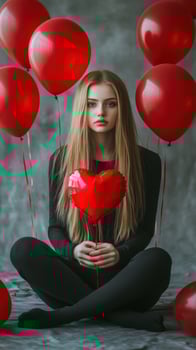Beautiful girl with red balloons and heart-shaped balloon. AI Ge photo