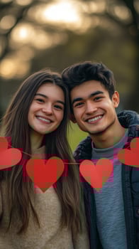 Romantic couple holding valentines day heart garland. AI Generat photo