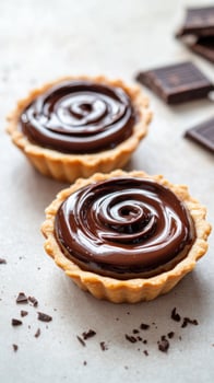 Delicious chocolate tarts with swirled ganache. . photo