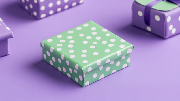 pastel polka dot gift boxes on purple background photo