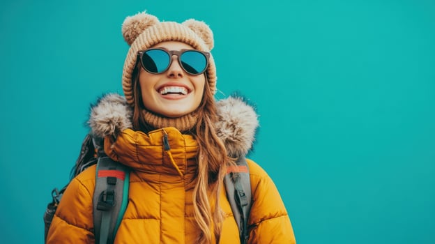 happy woman traveler in winter outfit photo