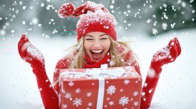 joyful woman in red winter outfit opening christmas gift in snow photo