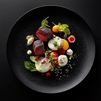 Elegant Geometric Arrangement of Haute Cuisine on Dark Canvas photo