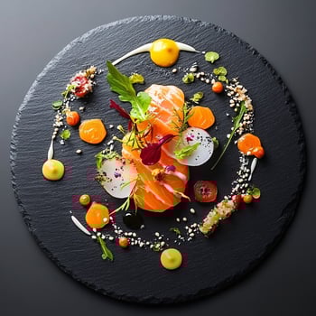 Artistic Culinary Creations Displayed Beautifully on Slate Surface photo