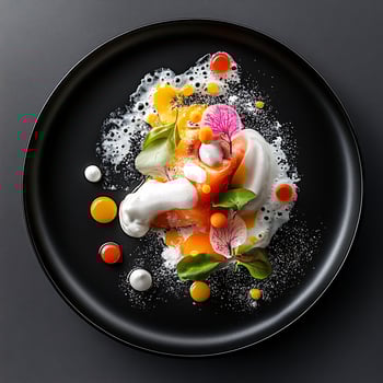 Bold Food Art Presentation of Michelin-Starred Dishes with Colorful Foams photo