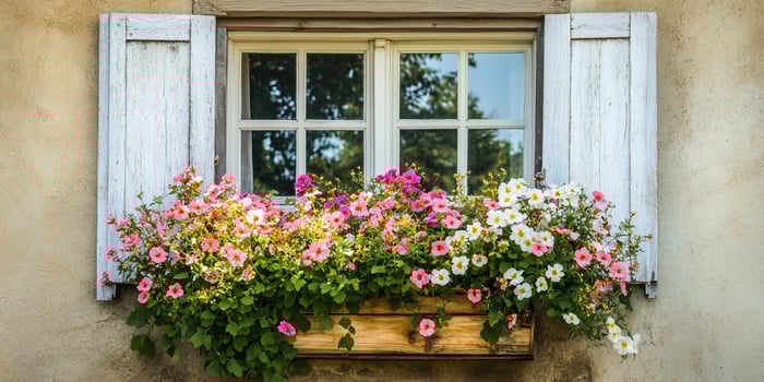Blooming Spring Flowers in a Cheerful Window Box Beside a Cottage photo