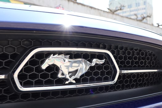 09.3.2025 Moldova A CloseUp of the Iconic Ford Mustang Horse Emblem Featured Prominently on the Grille photo