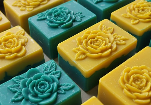 Artistic handmade soaps with rose design in yellow and teal colors, close-up photo
