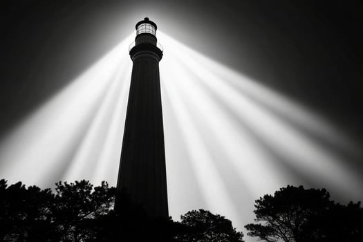 A black and white photo of a lighthouse
