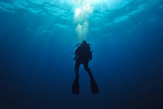 A scuba diver in the ocean with sunlight shining through photo