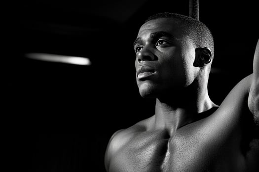A man with no shirt on is holding a rope photo