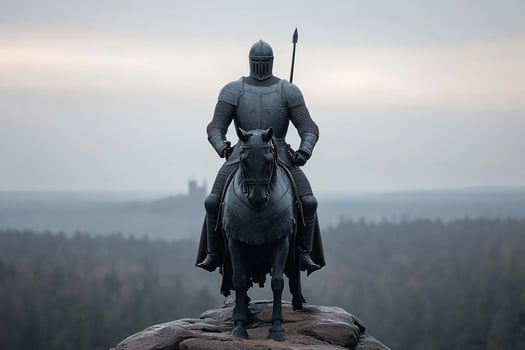 A statue of a knight on a horse in the middle of a forest photo