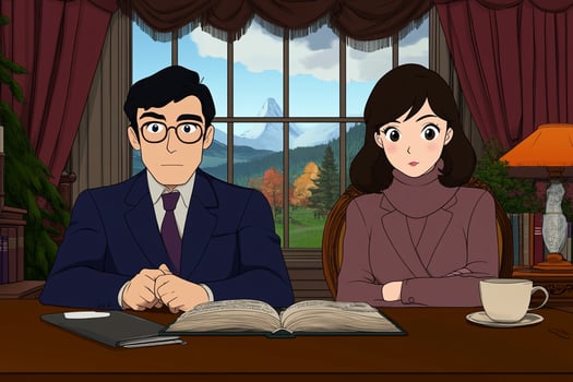 A cartoon couple sitting at a table with a book photo