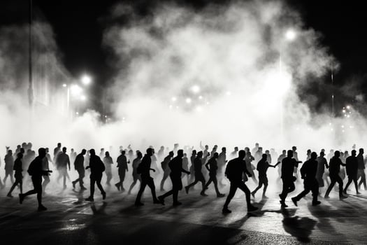 A group of people walking in the street with smoke coming out of them photo
