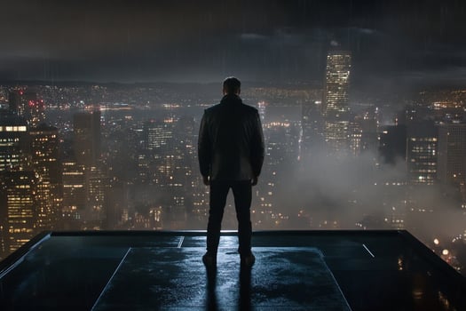 A man standing on a roof looking at the city at night photo
