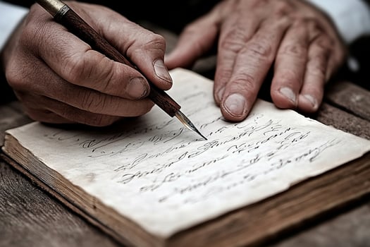 A man writing on an old book with a pen photo